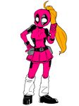  1girl belt belt_buckle belt_pouch blonde_hair breasts female full_body high_ponytail lady_deadpool marvel mask phone simple_background skirt solo wanda_wilson white_background 