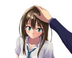  blush brown_hair earrings from_above green_eyes idolmaster idolmaster_cinderella_girls jewelry long_hair looking_at_viewer majrise necklace necktie petting pov school_uniform shibuya_rin simple_background solo_focus 