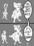  anthro black_and_white clothed clothing crossover dialogue disney ittybittykittytiddys jack_savage monochrome nick_wilde shrek_(series) simple_background text zootopia 