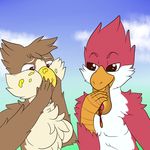  2016 anthro avian avian_(starbound) beak brown_eyes brown_feathers duo feathers female food hot_dog ketchup maladash male messy mustard nude red_feathers ruby_rustfeather simple_background starbound tjrawr01 video_games 