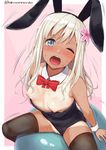  ;o animal_ears arms_at_sides ball bare_arms bare_shoulders black_legwear black_leotard blonde_hair blue_eyes blush bow bowtie breasts bunny_ears bunny_girl bunnysuit cameltoe collarbone detached_collar fake_animal_ears from_above hairband kantai_collection kurowan leotard long_hair looking_at_viewer looking_up nipples one_eye_closed ro-500_(kantai_collection) simple_background sitting small_breasts solo strapless strapless_leotard sweatdrop tan tanline thighhighs wrist_cuffs 