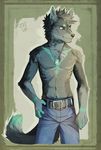  2015 anthro canine clothed clothing diesel_wiesel jewelry male mammal navel necklace simple_background smile solo standing topless 