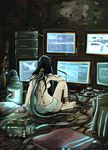  ankle_wrap backbone barefoot black_hair breasts cable commentary computer cyberpunk cyborg dirty from_behind highres long_hair mechanical_backbone medium_breasts messy_hair monitor original panties rodethos sideboob sitting soles solo topless underwear 