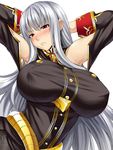  &gt;:( armpits arms_behind_head arms_up bare_shoulders blush breasts covered_nipples detached_sleeves frown large_breasts long_hair looking_at_viewer military military_uniform nose_blush red_eyes selvaria_bles senjou_no_valkyria senjou_no_valkyria_1 silver_hair solo somejima sweat uniform upper_body v-shaped_eyebrows very_long_hair 