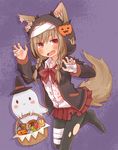  animal_ears bandages basket blush bow braid brown_hair candy commentary commentary_request dennou_usagi doughnut ears_through_headwear fang food ghost halloween hat notched_ear open_mouth original pantyhose pleated_skirt pumpkin purple_background red_eyes skirt solo_focus tail torn_clothes torn_legwear twin_braids witch_hat wolf_ears wolf_tail 