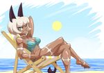  animal_humanoid beach bikini blue_eyes breasts cat_humanoid chair claws cleavage clothed clothing dark_skin epictones feline hair humanoid mammal nadia_fortune scar seaside shiny skullgirls smile solo swimsuit toe_claws white_hair 