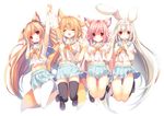  :3 :d ^_^ ahoge amamiya_aki amamiya_mei animal_ear_fluff animal_ears arm_up black_legwear blue_skirt breasts brown_footwear brown_hair bunny_ears closed_eyes cynthia_riddle eating food fox_ears fox_tail hair_ornament hairband head_tilt holding holding_food holding_hands legs_up loafers long_hair looking_at_viewer low_twintails medium_breasts midriff milia_leclerc multiple_girls navel neckerchief open_mouth original p19 pink_hair pleated_skirt popsicle red_eyes school_uniform serafuku shoes short_sleeves simple_background skirt small_breasts smile tail thighhighs twintails very_long_hair white_background white_hair x_hair_ornament 