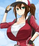 1girl adjusting_clothes adjusting_hat baseball_cap breasts cropped_jacket female_protagonist_(pokemon_go) gigantic_breasts hat looking_at_viewer oro_(zetsubou_girl) pokemon pokemon_go red_clothes serious unzipped 