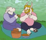  asgore_dreemurr beard boss_monster caprine clothed clothing facial_hair food fur goat grass horn long_ears mammal nikodavis outside paws pie sandwich_(disambiguation) signed toriel undertale video_games white_fur 