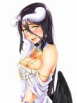 albedo bare_shoulders black_hair black_wings blush breasts cleavage demon_girl demon_horns detached_collar dress gloves hair_between_eyes hand_on_own_cheek horns large_breasts long_hair looking_at_viewer magekichi overlord_(maruyama) smile solo strap_gap very_long_hair white_background white_gloves wings yellow_eyes 