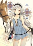  :d bare_shoulders blush collarbone contrapposto cowboy_shot dress hairband highres holding horse long_hair looking_at_viewer no_bra open_mouth original reins see-through_silhouette silver_hair sleeveless sleeveless_dress smile solo standing very_long_hair yuuki_rika 