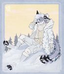  2015 anthro canine clothed clothing diesel_wiesel feline fox hybrid leopard male mammal outside sitting smile snow snow_leopard solo spots volcanins 