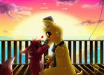  &lt;3 absurd_res animatronic anthro bear blush bow_tie canine cloud digital_media_(artwork) five_nights_at_freddy&#039;s fox foxy_(fnaf) fur golden_freddy_(fnaf) hi_res hiyoko invalid_tag kissing machine male mammal one_eye_closed red_fur robot sea sunset video_games water yellow_fur 