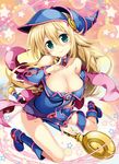  bare_shoulders blonde_hair blue_eyes blush boots breasts choker cleavage collarbone dark_magician_girl duel_monster finger_to_chin fujima_takuya gauntlets hat large_breasts long_hair looking_at_viewer pentacle smile solo staff star wizard_hat yuu-gi-ou yuu-gi-ou_duel_monsters 