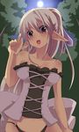  :o bare_shoulders bow breasts bustier cleavage collarbone dark_skin elf forest highres looking_down medium_breasts moon nature navel night noa_(nagareboshi) o-ring o-ring_bottom o-ring_panties open_mouth panties pointy_ears ponytail purple_eyes silver_hair solo tree underwear 