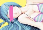  bikini blue_hair breasts censored cleavage collarbone highres identity_censor large_breasts lying me!me!me! meme_(me!me!me!) on_side saaiiro solo striped striped_bikini swimsuit upper_body 