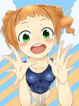  bad_id bad_pixiv_id brown_hair cloud collarbone commentary_request fang foreshortening green_eyes halftone halftone_background hands_up happy highres idolmaster idolmaster_(classic) looking_at_viewer open_mouth school_swimsuit solo spread_fingers striped striped_background swimsuit takatsuki_yayoi twintails yoshiwa_tomo 