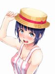  bare_shoulders blue_eyes blue_hair blush breasts buttons cleavage dress hat hat_tip kuromukuro magekichi medium_breasts open_mouth shirahane_yukina short_hair solo sundress upper_body white_background 