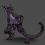  2016 anthro armor black_fur black_horn canine claws clothing crouching digitigrade dragon elbow_pads fingerless_gloves fur furred_dragon gloves horn hybrid knee_pads male mammal neltruin silver_eyes simple_background solo sovy underwear white_fur 