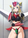  anime_coloring armor ass ass_visible_through_thighs black_gloves blonde_hair breasts fingerless_gloves gloves green_eyes grenda-san head_tilt helmet long_hair looking_at_viewer medium_breasts midriff monteriakitto robot_girls_z shiny shiny_skin smile solo thigh_gap thighs 