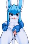  anthro anthrofied biped blue_body blue_fur canid eeveelution female front_view fur generation_4_pokemon genitals glaceon hi_res looking_at_viewer low-angle_view mammal multi_nipple nintendo nipples nude open_mouth pokemon pokemon_(species) pokemorph pose presenting presenting_pussy pussy restricted_palette san_ruishin simple_background solo standing tongue white_background 
