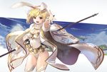  :d alternate_costume animal_ears belt blonde_hair blush breasts brown_eyes bunny_ears cape cleavage djeeta_(granblue_fantasy) fake_animal_ears flower granblue_fantasy hair_flower hair_ornament hairband leotard looking_at_viewer medium_breasts open_mouth orange_eyes outstretched_hand sage_(granblue_fantasy) shirabi short_hair smile solo staff thighhighs white_legwear wrist_cuffs 