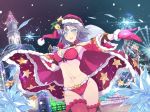  black_hair blue_eyes cape christmas christmas_lights christmas_ornaments christmas_tree christmas_tree_hat looking_at_viewer official_art red_bikini_top red_cape red_legwear senran_kagura yumi_(senran_kagura) 