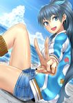  arm_support bad_id bad_pixiv_id blue_bow blue_eyes bow cloud commentary_request concrete condensation_trail day dutch_angle ganaha_hibiki hair_bow idolmaster idolmaster_(classic) jacket knee_up long_hair looking_at_viewer navel ocean pier plaid plaid_bow ponytail short_shorts shorts sitting sky solo v very_long_hair yoshiwa_tomo 