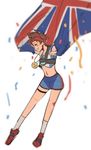  alternate_costume bad_id bad_twitter_id bjmaki blush brown_eyes brown_hair crop_top ear_piercing flag harness highres medal navel open_mouth overwatch piercing shoes short_hair shorts solo thigh_strap tracer_(overwatch) track_and_field_tracer union_jack white_legwear 