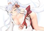  animal_ears blue_eyes breasts cleavage detached_sleeves erune fox_ears fox_tail granblue_fantasy hair_ornament large_breasts long_hair looking_at_viewer rure silver_hair smile socie_(granblue_fantasy) solo tail very_long_hair 