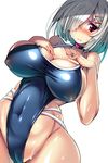  alternate_eye_color bare_shoulders blue_swimsuit blush breasts bursting_breasts cameltoe choker cleavage closed_mouth collarbone competition_school_swimsuit covered_navel covered_nipples cowboy_shot dutch_angle embarrassed frown groin hair_ornament hair_over_one_eye hairclip hamakaze_(kantai_collection) hands_on_own_chest heart heart-shaped_lock heart_lock_(kantai_collection) highleg highleg_swimsuit highres hips huge_breasts impossible_clothes impossible_swimsuit kantai_collection lips lock looking_away looking_down one-piece_swimsuit red_eyes school_swimsuit shade shiny shiny_clothes shiny_skin short_hair sideboob silver_hair simple_background skin_tight skindentation solo sweat swimsuit taut_clothes taut_swimsuit torisan white_background 