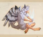  anthro avian beak breasts diesel_wiesel feathered_wings feathers featureless_breasts female fur gryphon nude open_mouth simple_background sitting solo tongue video_games wings 