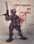  2016 4_toes amber_eyes anthro black_nipples black_nose bottomless breasts claws clothed clothing english_text female gun hair hi_res honey_badger looking_away mammal muscular muscular_female mustelid nipples pose pussy ranged_weapon solo spotty_the_cheetah standing submachine_gun text toe_claws toes uzi weapon white_hair 