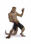  4_toes abs air_guitar clothed clothing collar fangs furrybob hybrid jon_sanders male mammal mohawk mustelid otter sabertooth_(feature) shorts solo toes topless tusks 