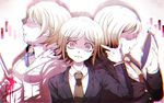  blonde_hair blood danganronpa danganronpa_3 doraraemon dual_persona finger_gun formal glasses highres male_focus mask mitarai_ryouta multiple_boys necktie pink_blood shaded_face short_hair suit super_danganronpa_2 togami_byakuya_(super_danganronpa_2) upper_body 