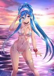  aoki_hagane_no_arpeggio bikini blue_eyes blue_hair breasts choker criss-cross_halter hair_between_eyes hairband halter_top halterneck leg_garter long_hair medium_breasts mole mole_under_mouth mutsumi_masato navel ocean outdoors ponytail salute scrunchie side-tie_bikini sidelocks single_thighhigh solo standing string_bikini sunlight swimsuit takao_(aoki_hagane_no_arpeggio) thighhighs very_long_hair water white_bikini wrist_scrunchie 