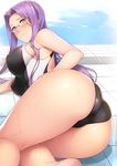  ass barefoot blush breasts brown_eyes competition_swimsuit drain_(object) fate/stay_night fate_(series) from_behind frown glasses hair_intakes large_breasts long_hair looking_at_viewer looking_back lying on_side one-piece_swimsuit pool poolside purple_hair rider shiny shiny_skin solo swimsuit wet yanagi_(tsukiakari) 
