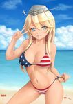  ahoge american_flag_bikini anidante animal beach bikini blonde_hair blue_eyes blue_sky breasts cleavage cloud collarbone crab day flag_print grey_hat hair_between_eyes hand_gesture horizon horizontal_stripes iowa_(kantai_collection) kantai_collection long_hair looking_at_viewer medium_breasts outdoors parted_lips pose sand seashell shell shore sky smile solo standing star star-shaped_pupils star_print striped summer swimsuit symbol-shaped_pupils tan teeth thighs v_over_eye water 