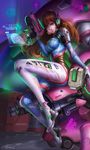  absurdres acronym arm_at_side arm_cannon artist_name bangs bodysuit boots bracer breasts brown_eyes brown_hair bubble_blowing bullet_hole charm_(object) chewing_gum clothes_writing covered_nipples d.va_(overwatch) eyelashes facepaint facial_mark finger_on_trigger from_side gatling_gun gloves gun hand_up handgun headphones highres holding holding_gun holding_weapon holographic_interface large_breasts lazy_(kimochi11111) lips lipstick long_hair long_sleeves makeup mecha meka_(overwatch) one_eye_closed overwatch pauldrons pilot_suit pink_lips pink_lipstick ribbed_bodysuit rust shoulder_pads signature sitting skin_tight smile solo thigh_boots thigh_strap thighhighs torn_bodysuit torn_clothes turtleneck weapon whisker_markings white_gloves 