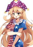  1girl :o american_flag_dress blonde_hair blush clownpiece commentary_request e.o. hat highres jester_cap long_hair looking_at_viewer neck_ruff open_mouth orange_eyes polka_dot short_sleeves simple_background sketch solo star_(symbol) star_print striped touhou v-shaped_eyebrows very_long_hair white_background 
