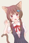  animal_ears blush bow brown_hair cat_ears cat_tail commentary dennou_usagi dress fang fish hair_ornament long_hair looking_at_viewer low_twintails open_mouth original pleated_skirt purple_eyes school_uniform shirt simple_background skirt solo tail twintails uniform 