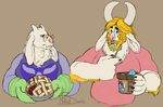  asgore_dreemurr beard boss_monster caprine clothed clothing dessert eyewear facial_hair food fur glasses goat horn ice_cream long_ears mammal nicecream_bunny nikodavis oven_mitts pie signed spoon toriel undertale video_games white_fur 