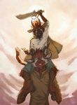  anthro caprine clothed clothing diesel_wiesel duo facial_hair fangs father father_and_son goat goatee horn hybrid male mammal melee_weapon mustelid otter parent simple_background smile son standing sword teeth weapon 