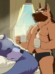  5_fingers bear bedding black_nose blanket blush body_hair briefs brown_fur bulge canine clothing cup curtains dog drooling duo eyes_closed eyewear fur glasses happy_trail kotori male mammal pillow pubes purple_fur saliva sleeping standing steam underwear window 