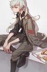  anchovy anzio_military_uniform black_neckwear boots die_(die0118) food girls_und_panzer green_hair jacket_on_shoulders long_hair military military_uniform necktie pizza pizza_box red_eyes riding_crop sleeves_rolled_up solo undone_necktie uniform 