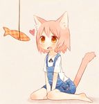  animal_ears cat_ears cat_tail commentary_request dennou_usagi drooling fish heart orange_eyes original overalls pink_hair short_hair shorts simple_background sitting solo suspender_shorts suspenders tail wariza 