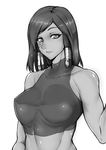  bare_shoulders braid breasts breasts_apart collarbone dark_skin eye_of_horus eyebrows eyebrows_visible_through_hair eyelashes facial_mark facial_tattoo gggg greyscale hair_tubes highres impossible_clothes large_breasts lips looking_at_viewer monochrome overwatch parted_lips pharah_(overwatch) shirt short_hair side_braids skin_tight sleeveless solo tattoo taut_clothes taut_shirt turtleneck upper_body 