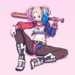  1girl baseball_bat batman_(series) blonde_hair breasts dc_comics dip-dyed_hair grin harley_quinn high_heel_boots lipstick makeup short_shorts shorts sitting solo suicide_squad twintails 