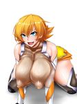  bangs bare_shoulders black_legwear blue_eyes blush breasts cleavage commentary_request covered_nipples elbow_gloves eyebrows_visible_through_hair fishnets gloves hair_between_eyes huge_breasts igawa_sakura impossible_clothes impossible_leotard kneeling kurotama leotard looking_at_viewer ninja open_mouth orange_hair puffy_nipples sheer_leotard shiny shiny_clothes shiny_hair shiny_skin short_hair simple_background skin_tight smile solo taimanin_(series) taimanin_asagi taimanin_suit thick_thighs thighhighs thighs tongue white_background 