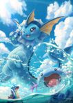  ;d blue_eyes blue_sky bottle cloud cloudy_sky day gen_1_pokemon gen_2_pokemon gen_3_pokemon highres lapras mudkip no_humans one_eye_closed open_mouth partially_submerged pokemon pokemon_(creature) sky smile splashing tail toitoi508 tongue vaporeon water wooper 
